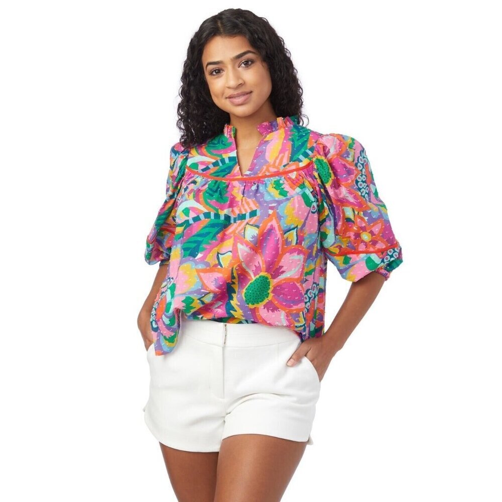 Crosby By Mollie Burch Rosie Heat Waves Tropical Cottom Blouse Floral Shirt XXS